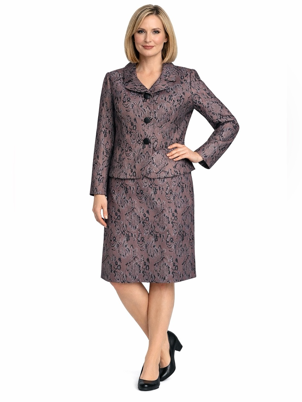 Monroe & Main Lace-Look Shimmer Jacquard Mesh Office Work Church Skirt Suit Set